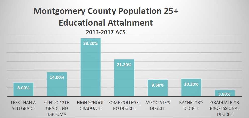 Montgomery County Population 25+ Educational Attainment 2013-2017 ACS | Less than a 9th Grade 8.00%, 9th to 12th Grade, No Diploma 14.00%, Some College, No Degree 21.20%, Associate's Degree 9.60%, Bachelor's Degree 10.20%, Graduate or Professional Degree 3.80%