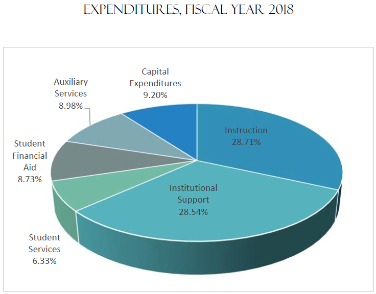 Expenditures Fiscal Year 2018 | Instruction 28.71%, Institutional Support 28.54%, Auxiliary Services 8.98%, Student Financial Aid 8.73%, Student Services 6.33%, Capital Expenditures 9.20%