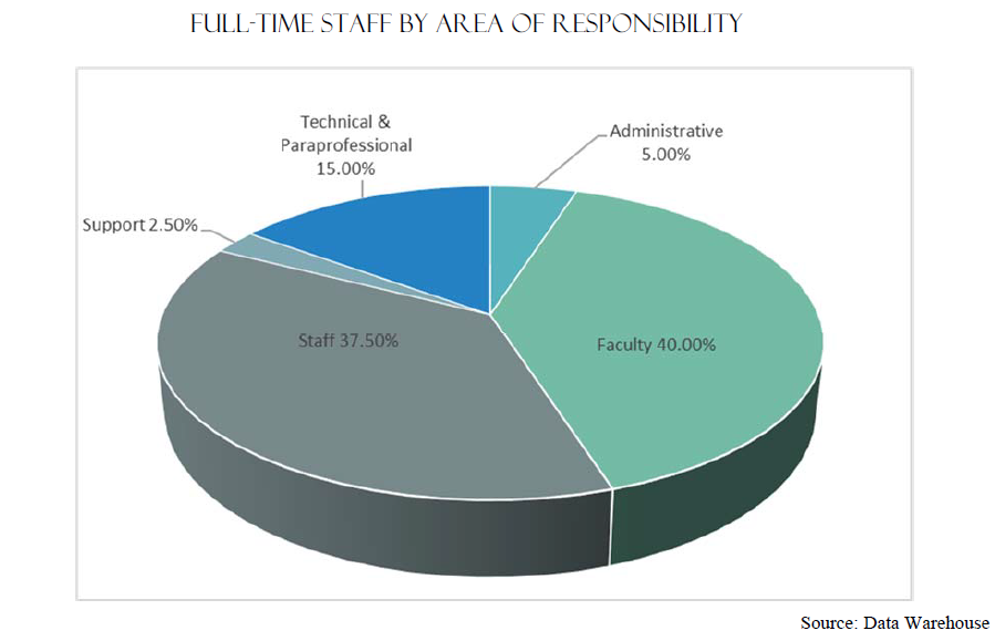 Full-Time Staff by Area of Responsibility | Faculty 40% Staff 37.50% Technical & Paraprofessional 15.00% Support 2.50% Administrative 5.00% Source: Data Warehouse