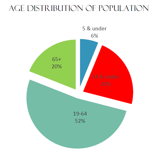 Age Distribution of Population | 5 & Under 6% 18 & Under 23% 19-64 52% 65+ 20%
