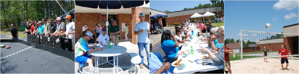 Collage of students racing remote control cars, eating lunch at a table, and playing beach volleyball.