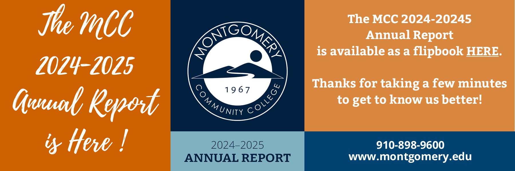 The MCC 2023-2024 annual report is complete and is available as a flipbook here. Thanks for taking a few minutes to get to know us better! 910-898-9600 www.montgomery.edu