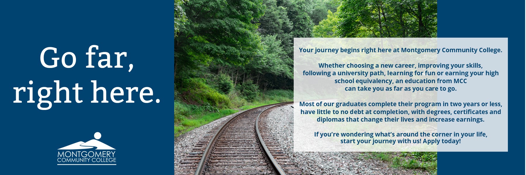 Go far, right here. Your journey begins right here at Montgomery Community College. Whether choosing a new career, improving your skills, following a university path, learning for fun or earning your high school equivalency, an education from MCC can take you as far as you care to go. Most of our graduates completer their program in two years or less, have little to no debt at completion, with degrees, certificates and diplomas that change their lives and increase earnings. If you're wondering what's around the corner in your life, start your journey with us! Apply today!